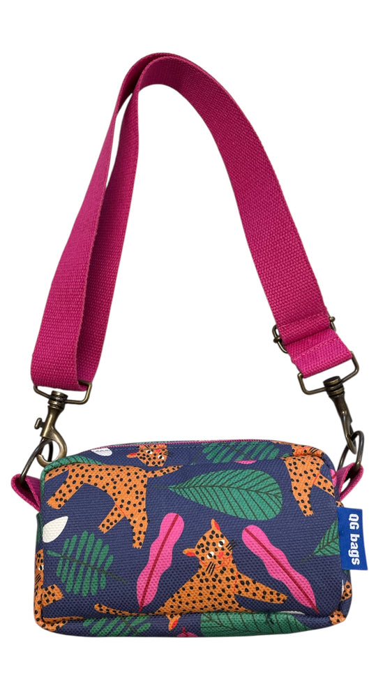 PILLOLA PLUS canvas stampato giaguarri blu + tracolla blu fucsia