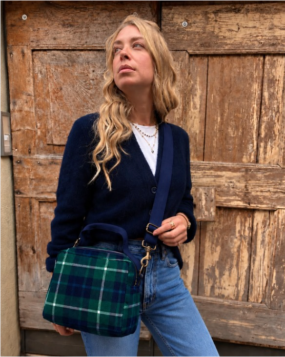 CARLOTTA velluto impermeabile Tartan blu/verde + manico blu