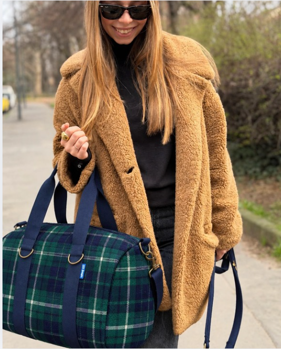 CITY BAG  velluto impermeabile Tartan blu/verde + manico blu