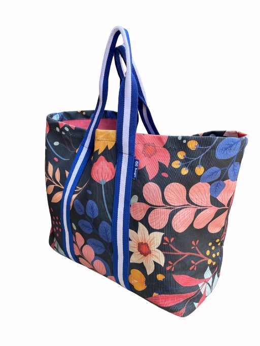 Super Bag tela nautica stampata nera + manico bluette/bianco/bluette