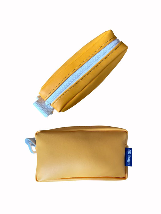 Dark yellow waterproof eco-leather pillbox + white zipper