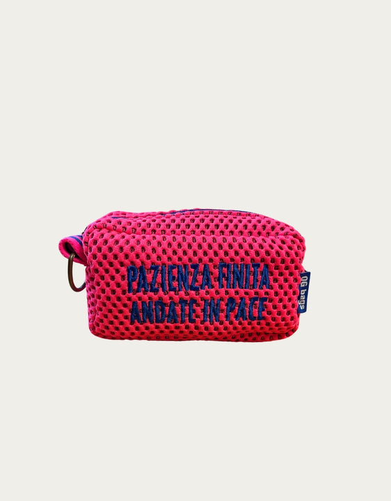 Light blue pill with fluorescent pink embroidery